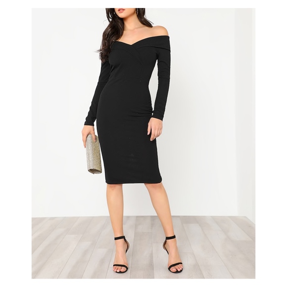 Black Foldover Off Shoulder Bodycon Midi Dress - Picture 5 of 6